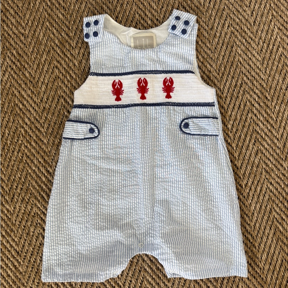 Blue Seersucker Romper with Lobster Design
